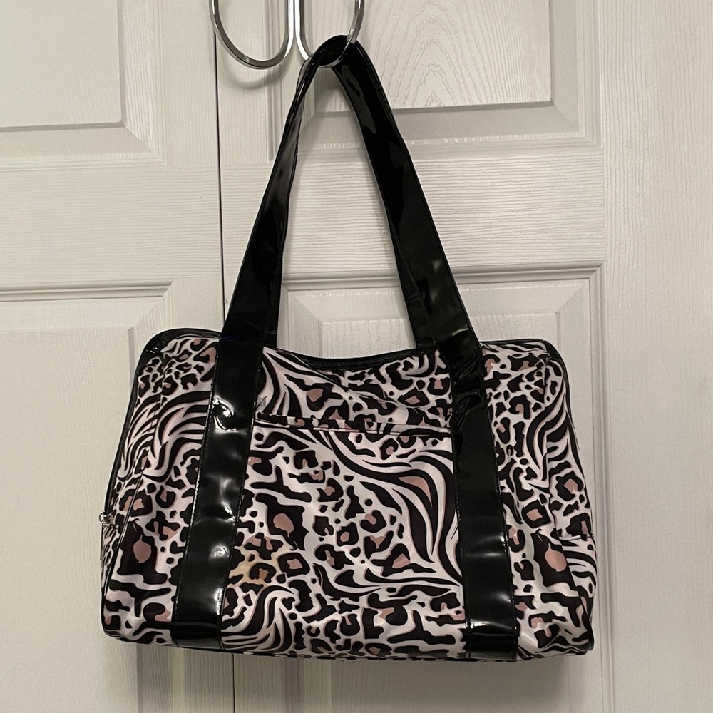 Modella Duffle Bag Cheetah Print with Black Patent Leather Look Straps